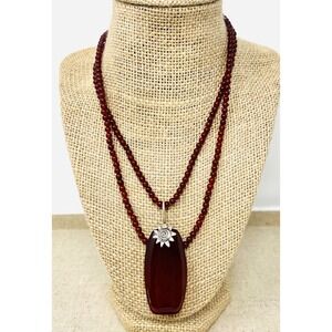 Sterling Silver Sunburst Red Carnelian Bead Strand Slab Pendant Necklace